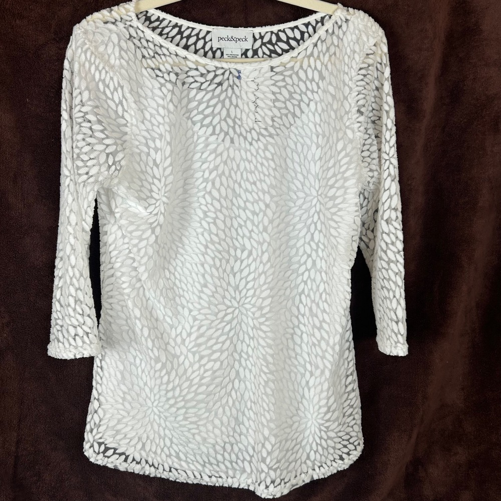 Elegant White Textured Lace Blouse 3/4 Sleeve Gallery Opening NWT Peck & Peck